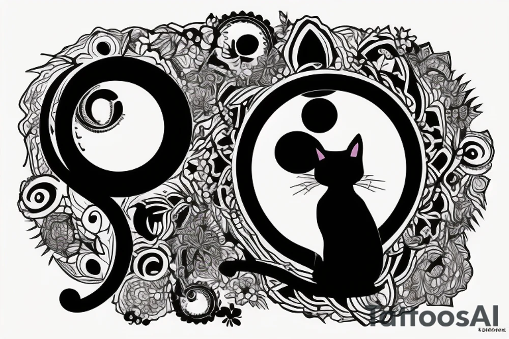 Silhouette of a cat in front of an interdimensional portal. High quality tattoo idea