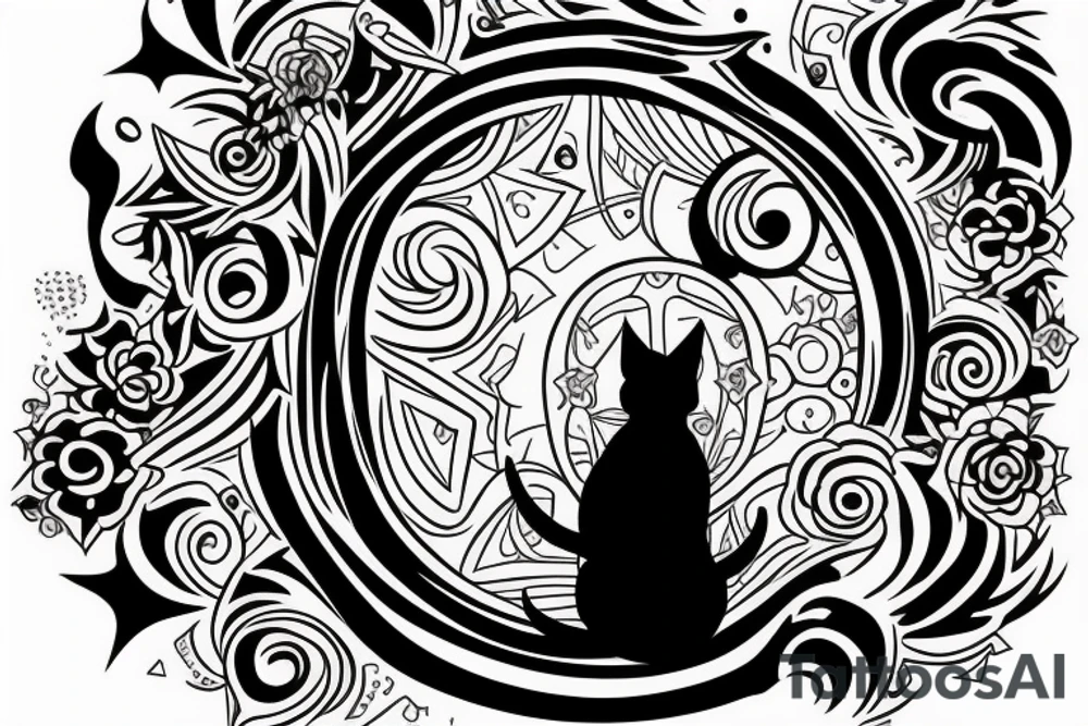 Silhouette of a cat in front of an interdimensional portal. High quality tattoo idea