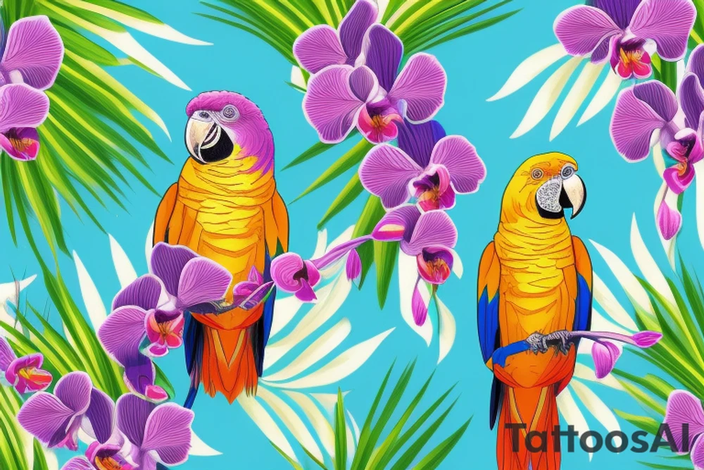 A tropical yellow, blue, and red parrot, standing in a purple orchid's long branch tattoo idea