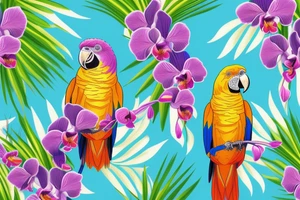 A tropical yellow, blue, and red parrot, standing in a purple orchid's long branch tattoo idea