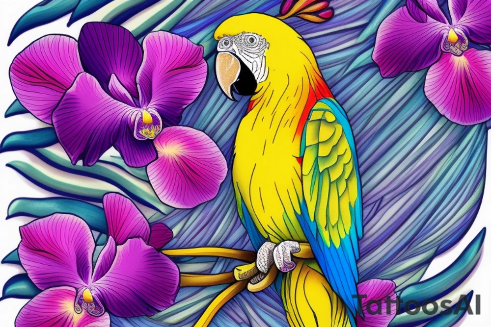 A tropical yellow, blue, and red parrot, standing in a purple orchid's long branch tattoo idea