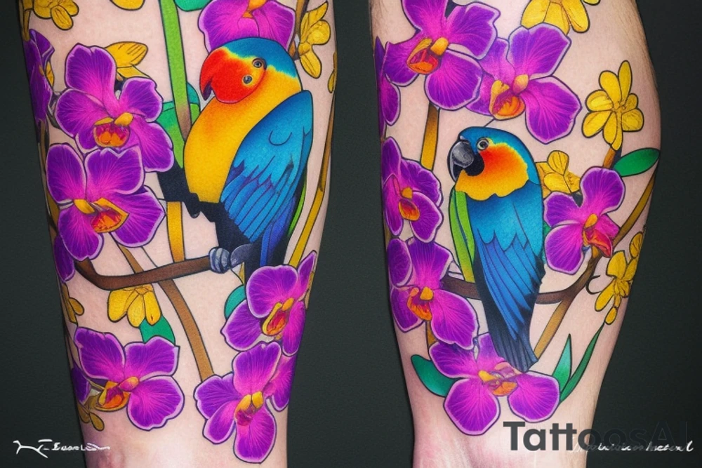 calf tattoo of a tropical yellow, blue, and red parrot, standing in a purple orchid's long branch tattoo idea