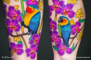 calf tattoo of a tropical yellow, blue, and red parrot, standing in a purple orchid's long branch tattoo idea