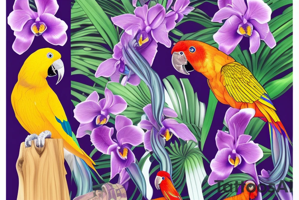 calf tattoo of a tropical yellow, blue, and red parrot, standing in a purple orchid's long branch tattoo idea