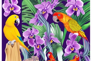 calf tattoo of a tropical yellow, blue, and red parrot, standing in a purple orchid's long branch tattoo idea