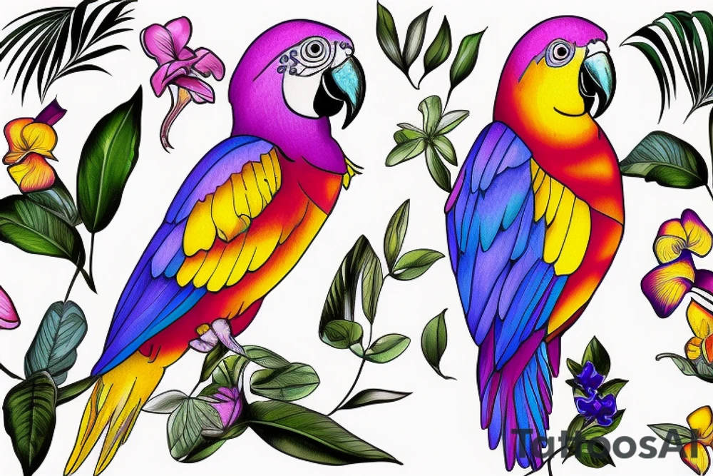calf tattoo of a tropical yellow, blue, and red parrot, standing in a purple orchid's long branch tattoo idea
