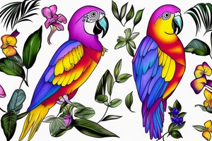 calf tattoo of a tropical yellow, blue, and red parrot, standing in a purple orchid's long branch tattoo idea