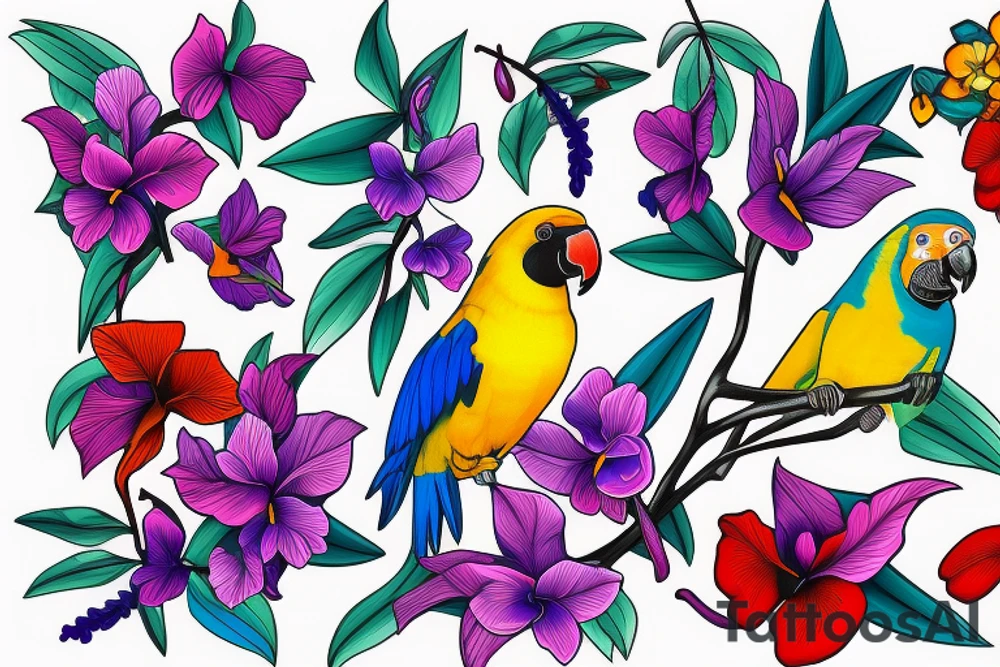 calf tattoo of a tropical yellow, blue, and red parrot, standing in a purple orchid's long branch tattoo idea