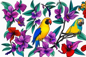 calf tattoo of a tropical yellow, blue, and red parrot, standing in a purple orchid's long branch tattoo idea