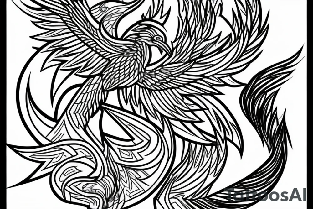 linework geometric phoenix with shapes around it tattoo idea