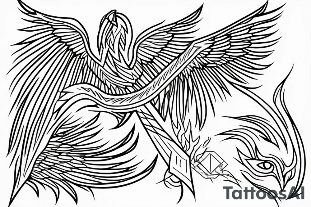 linework geometric phoenix with shapes around it tattoo idea