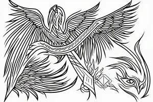 linework geometric phoenix with shapes around it tattoo idea
