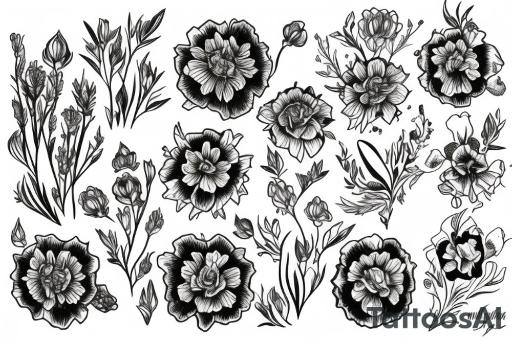 marigold, violet, daffodil, half back tattoo idea