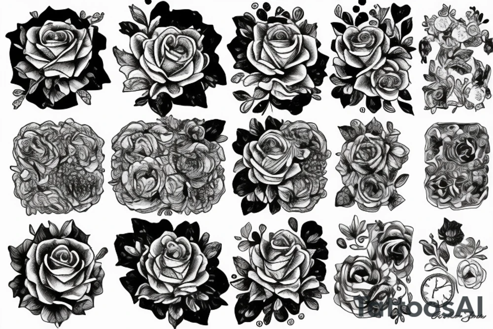 Black and white, including rose buds two pocket watches and done in dot work tattoo idea