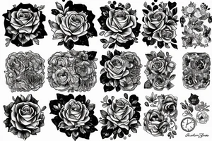 Black and white, including rose buds two pocket watches and done in dot work tattoo idea