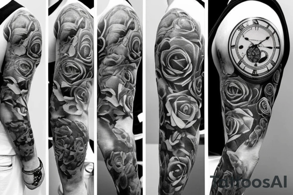 Mens sleeve with roses and pocket watches tattoo idea