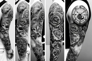 Mens sleeve with roses and pocket watches tattoo idea