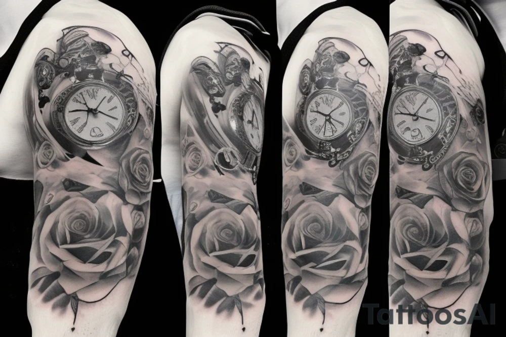 Mens sleeve with roses and pocket watches tattoo idea