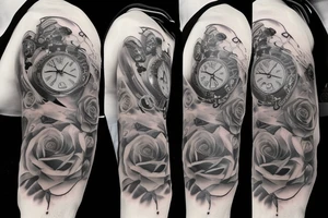 Mens sleeve with roses and pocket watches tattoo idea