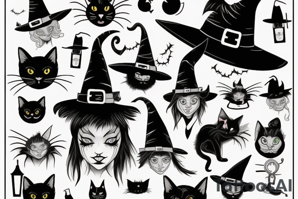 black cat with a witch hat halloween style tattoo idea black cat with a witch hat halloween style tattoo idea