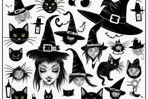 black cat with a witch hat halloween style tattoo idea