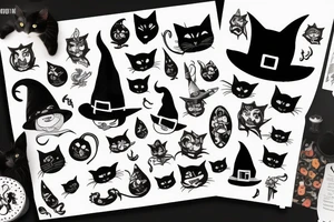 black cat with a witch hat halloween style tattoo idea