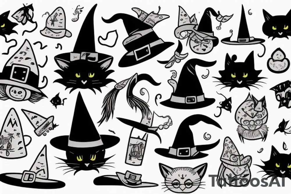 black cat with a witch hat cute tattoo idea