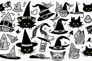 black cat with a witch hat cute tattoo idea