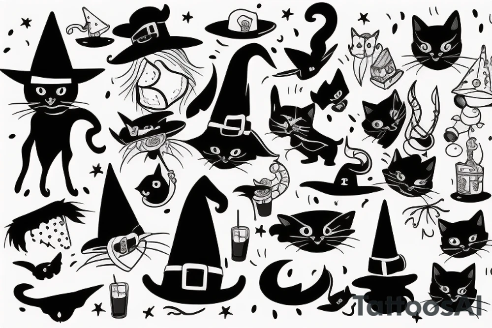 black cat with a witch hat cute tattoo idea