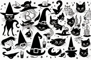 black cat with a witch hat cute tattoo idea