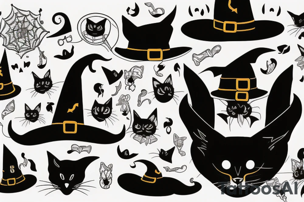 black cat with witch hat tattoo idea