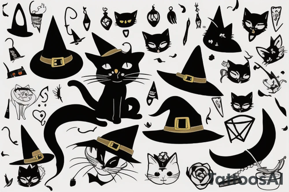 black cat with witch hat tattoo idea