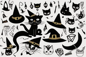 black cat with witch hat tattoo idea
