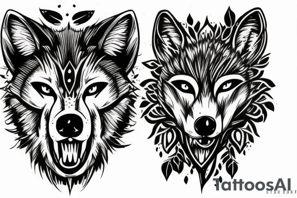 Wolf walk through forest skulls tattoo idea
