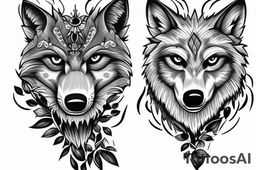 Wolf walk through forest skulls tattoo idea