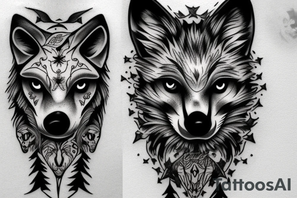 Wolf forest skulls tattoo idea