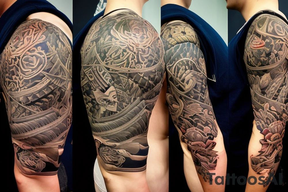 Tattoo full sleeve + shoulder. Excisting of the following subjects:
- Amsterdam / Ajax Amsterdam
- Football in general
- Diving / manta rays / whale sharks
- The mystery of life
- Good relationship with friends and family
- Deceased Grandfather. 16 mei 2016. Known for his wisdom, love, and smoking cigars. tattoo idea