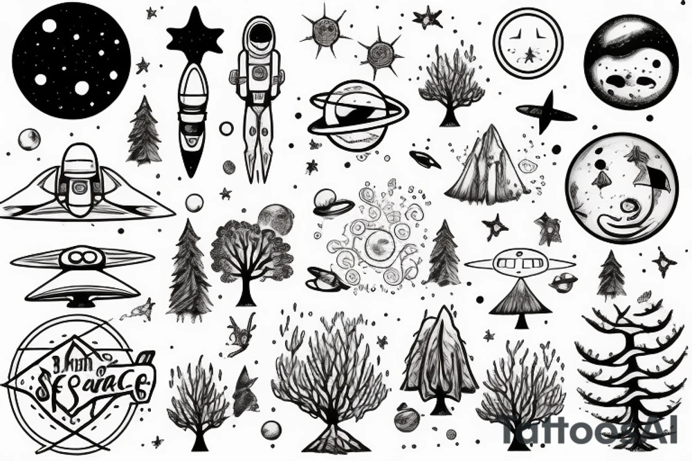 Forearm tattoo of space with a ufo and trees tattoo idea
