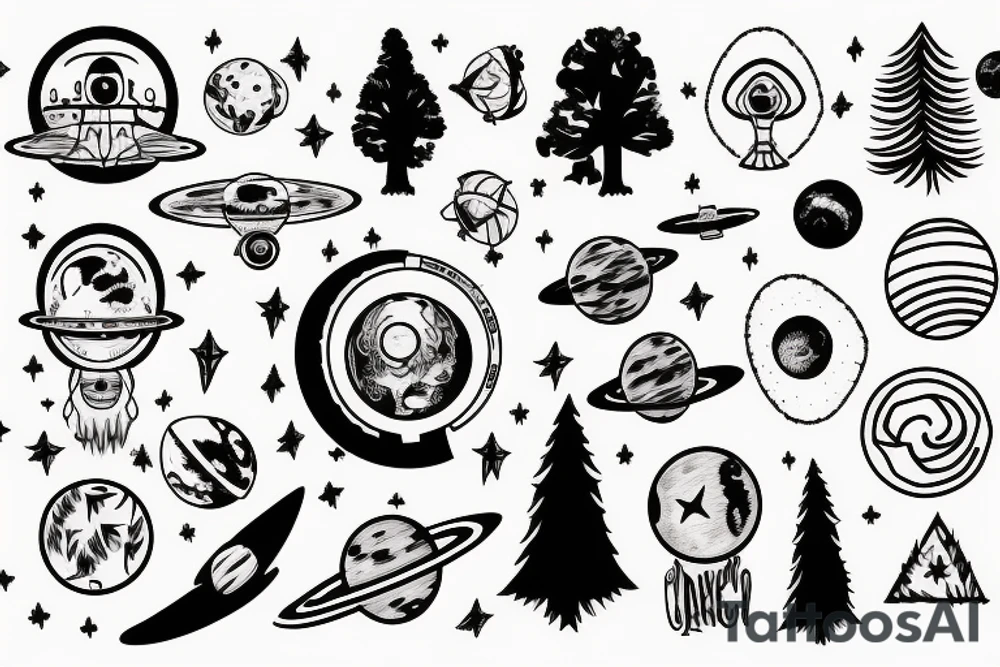 Forearm tattoo of space with a ufo and trees tattoo idea
