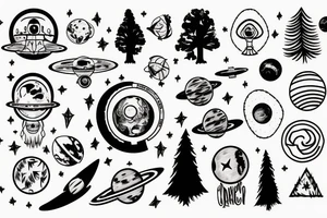Forearm tattoo of space with a ufo and trees tattoo idea