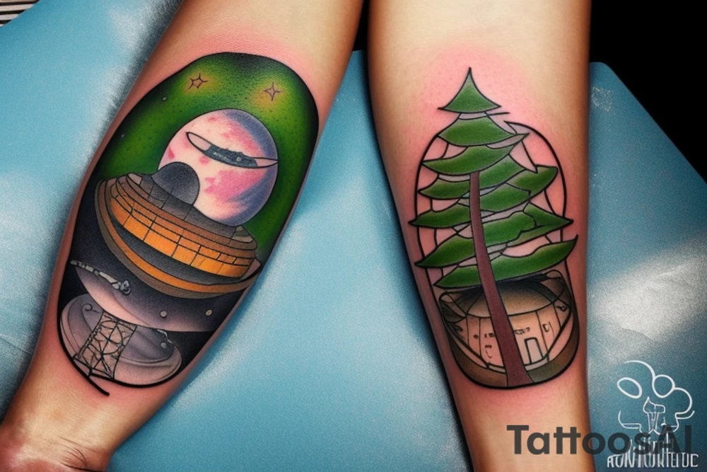 Forearm tattoo of space with a ufo and trees tattoo idea