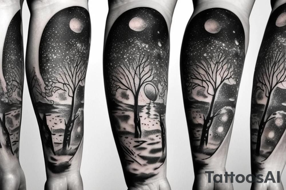 Forearm tattoo of space with a ufo and trees tattoo idea