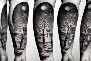 Forearm tattoo of space with a ufo and trees tattoo idea