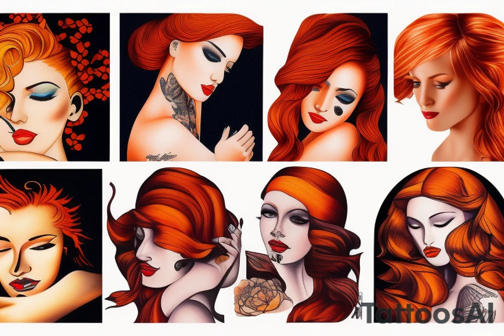 beautiful woman orange hair sunset tattoo idea