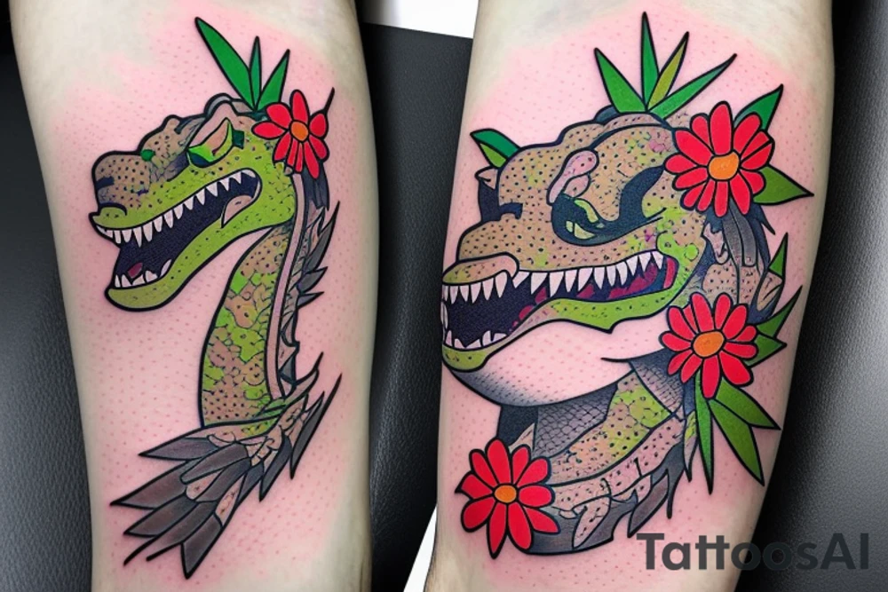 Reptar portrait with flowers surrounding him tattoo idea