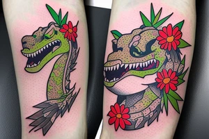 Reptar portrait with flowers surrounding him tattoo idea