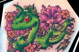 Reptar portrait with flowers around it tattoo idea