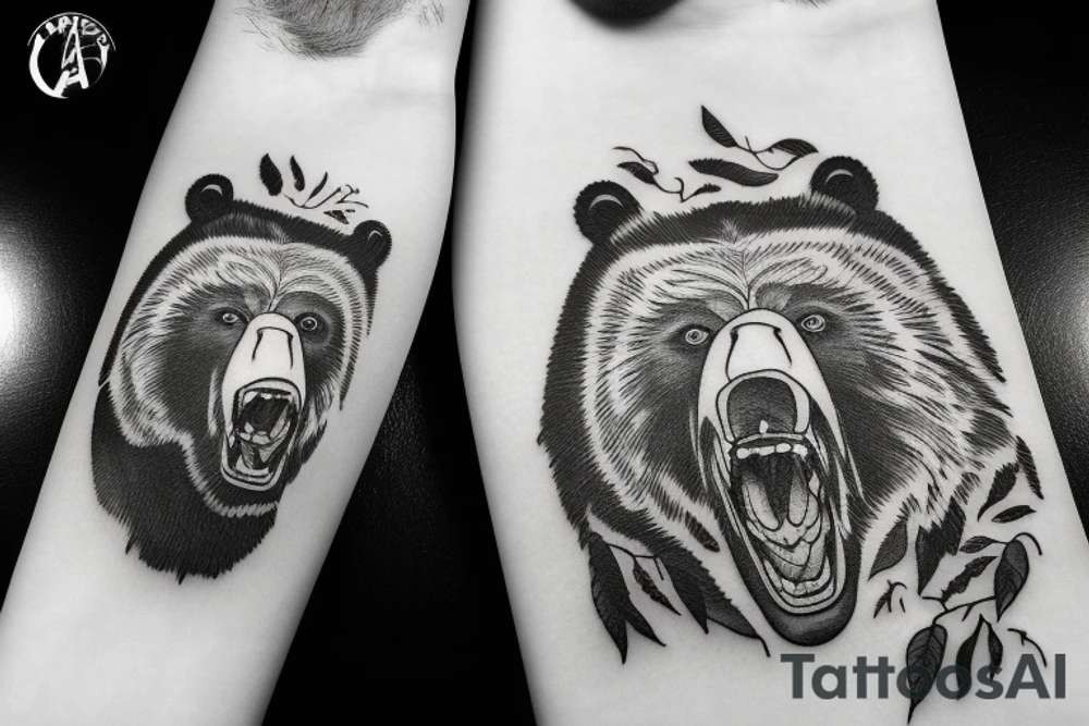 Grizzly Bear roaring in rocky mountains tattoo idea