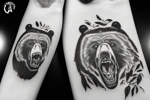 Grizzly Bear roaring in rocky mountains tattoo idea