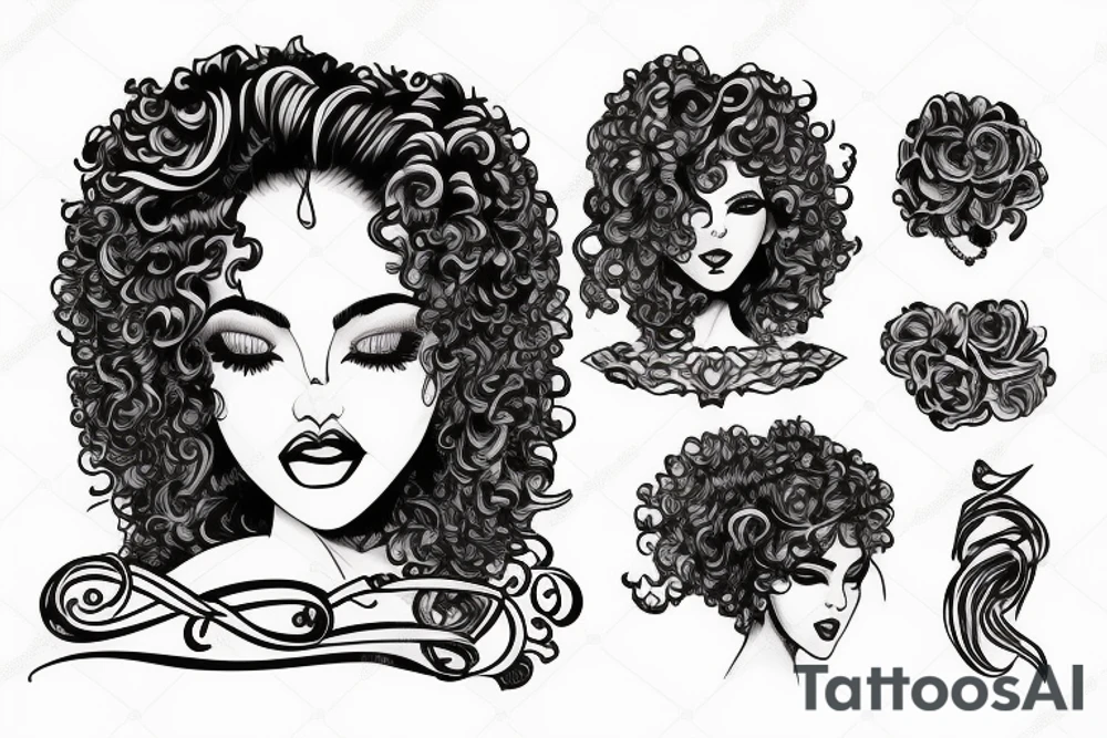 woman big breasts curly hair tattoo idea